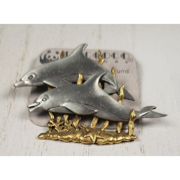 Vintage JJ Jonette Two Playful Dophins Swimming in Seaweed Brooch Pin - Picture 3 of 10